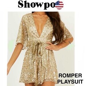 SHOWPO Gold Glittery SAY IT TO ME PLAYSUIT/ROMPER size 10 NWT